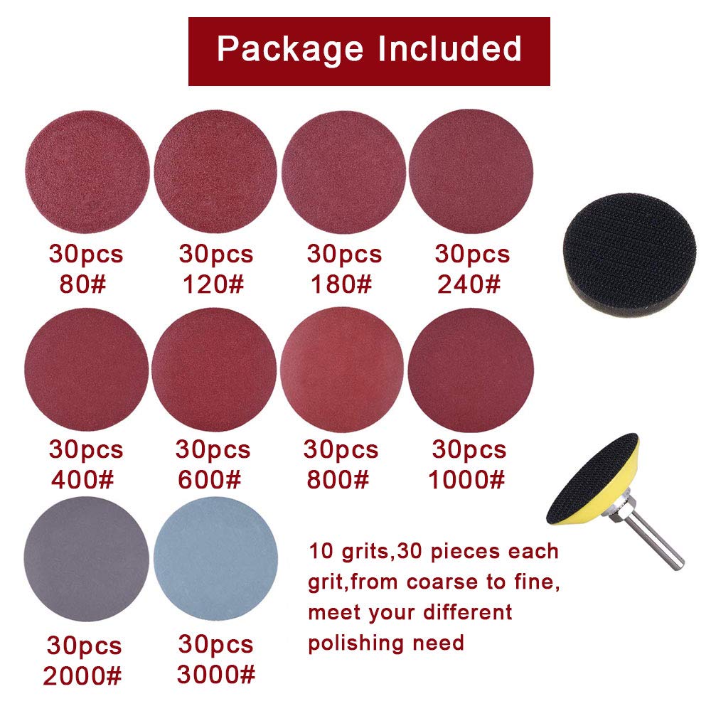 SIQUK 300 Disques De Ponçage 50 Mm – Grain 80 à 3000 – Kit Complet Avec Support Velcro & Tampon Mousse