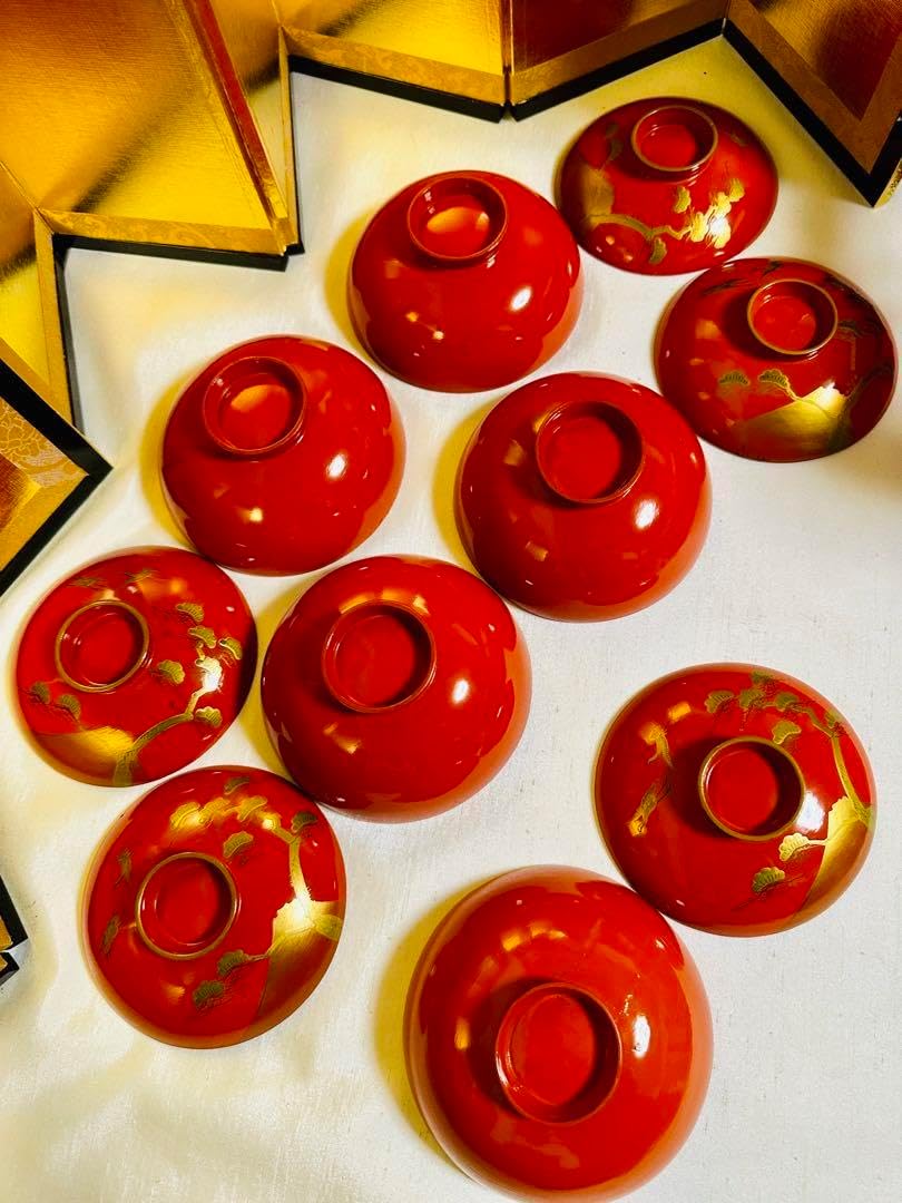 木製漆器 汁椀 吸物椀 朱色 骨董 金蒔絵 金縁 富士山松鶴 G52木製 お椀