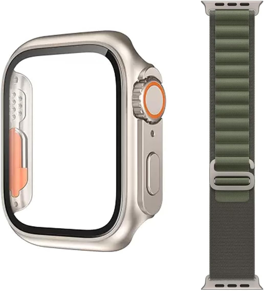Meyaar for Apple Watch Screen Protector Case, Compatible with iWatch Series 8/7/6/5/4 and SE SE, Upgraded to Ultra, Comes with Alpine Strap-Titanium (iWatch S8/S7 45mm, Green)
