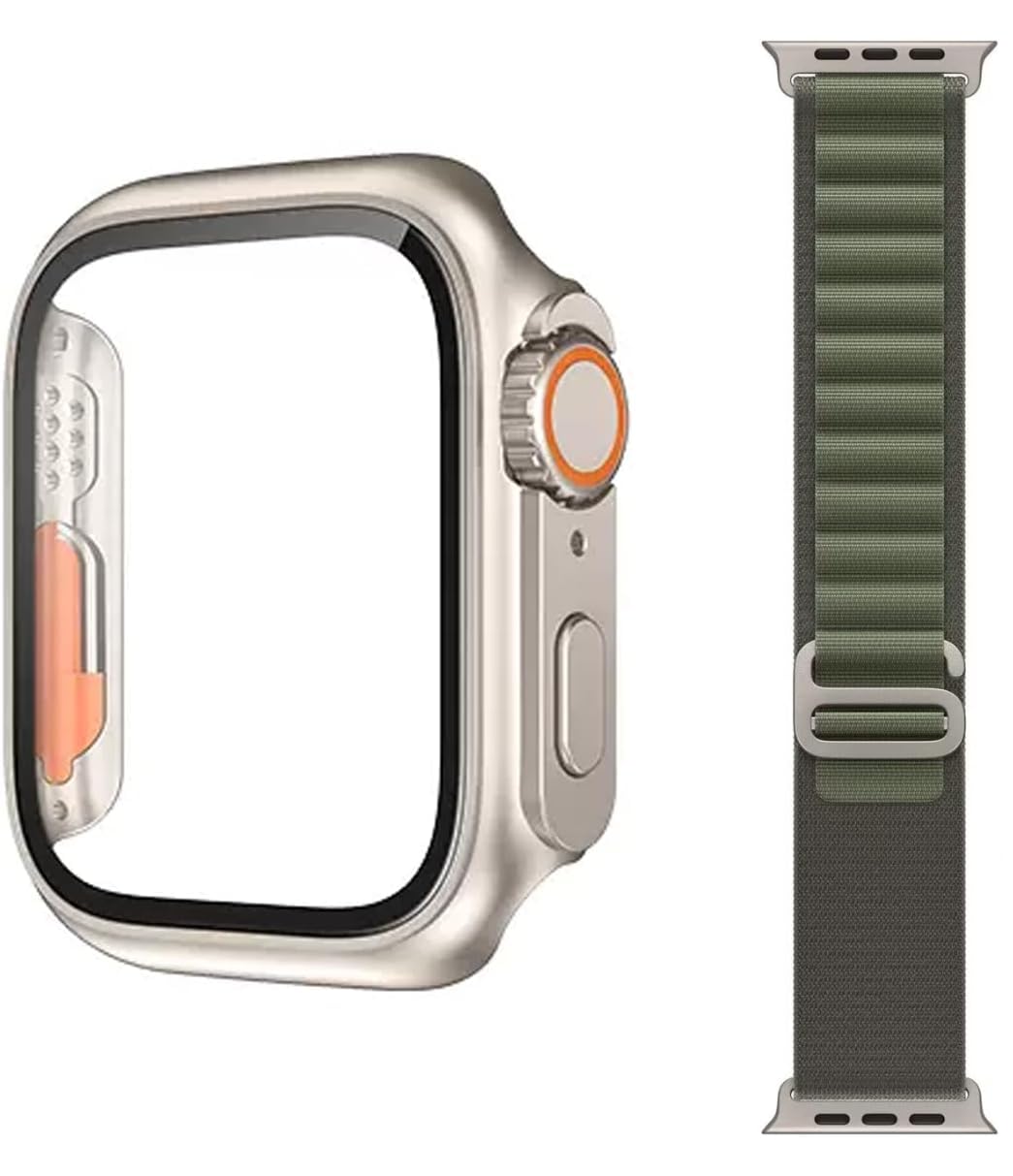 Meyaar for Apple Watch Screen Protector Case, Compatible with iWatch Series 8/7/6/5/4 and SE SE, Upgraded to Ultra, Comes with Alpine Strap-Titanium (iWatch S8/S7 45mm, Green)