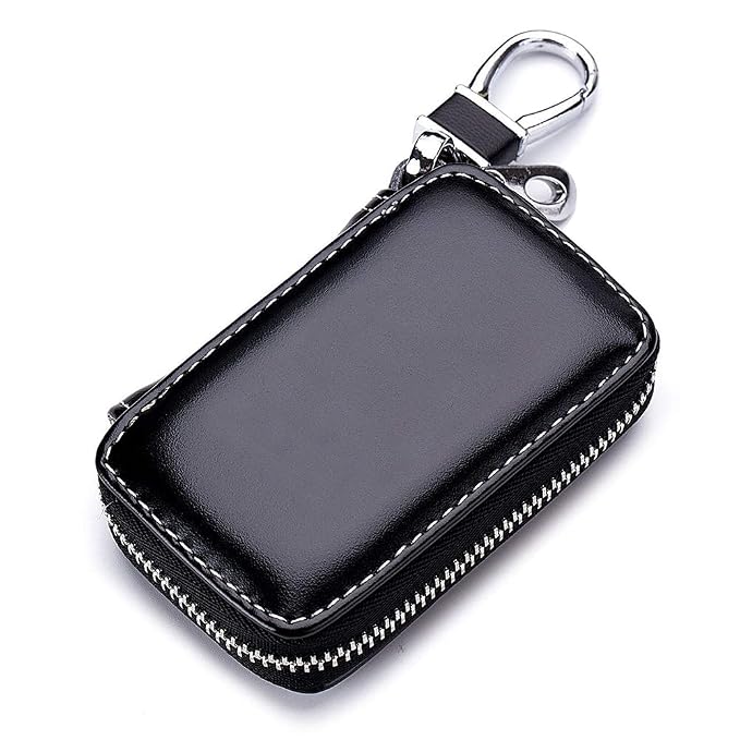 Anzailala Car Key case,Genuine Leather Car Smart Key Chain Keychain Holder Metal Hook and Keyring Zipper Bag for Remote Key Fob | Black