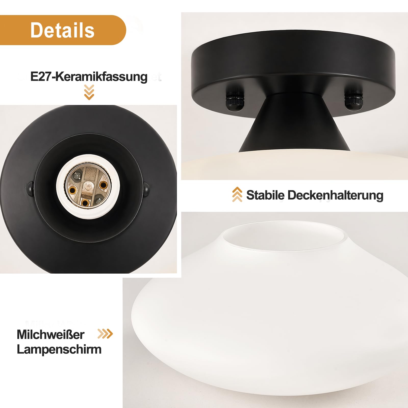 27cm Moderne Schwarz Metall Deckenlampe, Milchweißer Glasschirm
