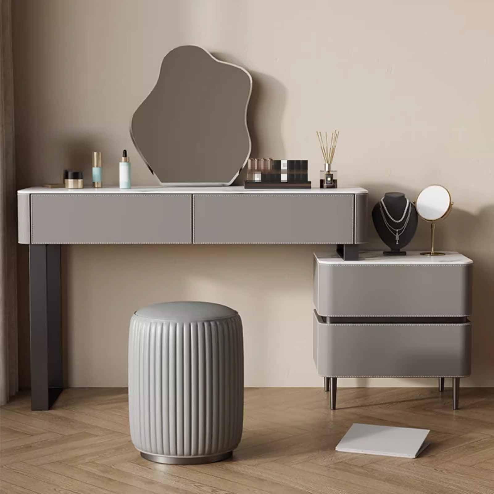 asdchZen Gray Vanity Table Set With Mirror & Stool, Saddle Leather Makeup Desk, Stylish Dressing Table With Movable Nightstand, 100Cm Stylish Makeup Dresser For Bedroom,100cm/31.5in
