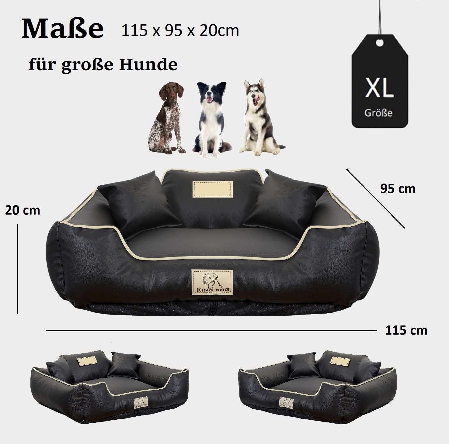 KING DOG Hundebett sehr Grosse Hunde Waschbar XL 115 x 95 cm aus Öko-Leder Hundekissen Haustierbett Hundekorb Personalisiert - Name des Hundes Wasserdichtes Material Silikon Füllung Schwarz