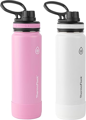 ThermoFlask Paquete de 2 botellas de agua de acero inoxidable con aislamiento al vacío de doble pared de 24 onzas, fresablanco ártico