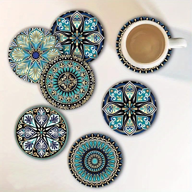 6pcs Set of 3.94x3.94 Inch Mandala Art Coasters, Acrylic Cup Holders with 2D Mandala Design – Artistic Gift for Friends and Family, for Patio Tables, Kitchens, Living Rooms, Christmas, Thanksgiving