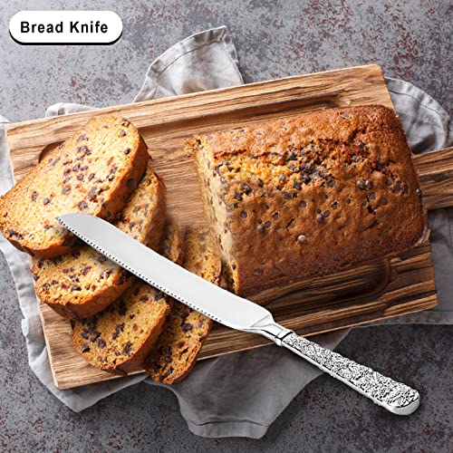 Bstkey 2Pcs Silver Cake Pie Pastry Servers, Cake Knife And Server Set, Vintage Engraved Cake Cutter Serving Spatula Set For Wedding Birthday Parties Anniversary Christmas And Events #TOP5