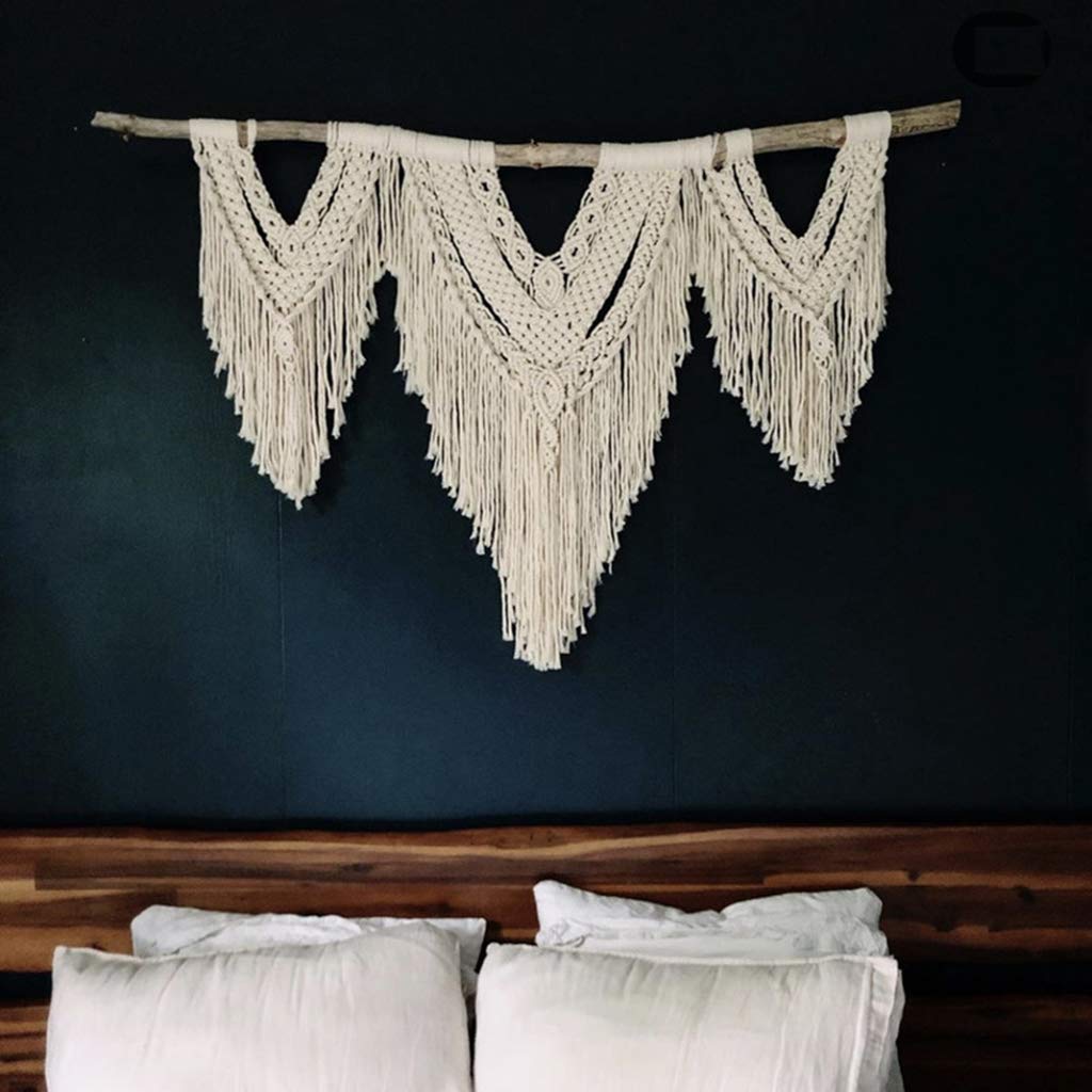 Tapiz grande hecho a mano de macramé para colgar en la pared, decoración elegante con ramas de madera natural y flecos, 120 x 120 cm