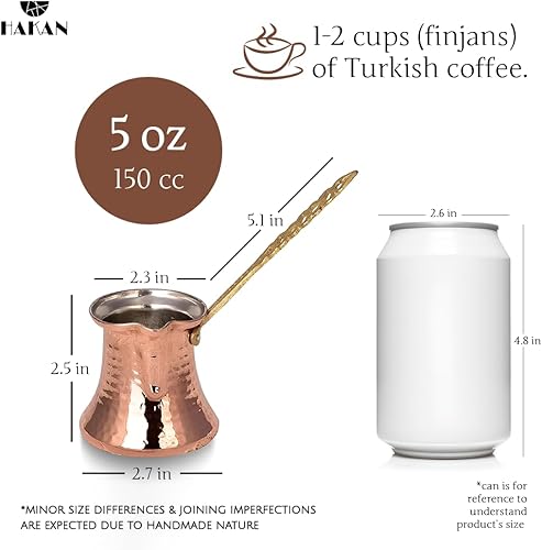 Miniatura 2 de Hakan Cafetera turca, cafetera griega árabe, café Cezve de cobre martillado, cafetera con mango de latón, estufa vintage martillada hecha a mano