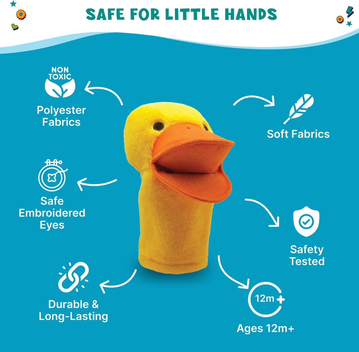 Get Ready Kids Duck Plush Hand Puppet - 12 inch Moveable Mouth Animal Toy | Moveable mouth duck puppet brings stories to life with imaginative play, pre-k safe for ages 12m+