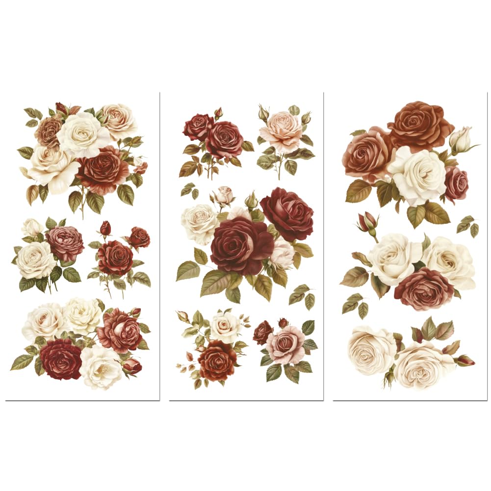 Peacoblue Rub on Transfer Sticker for Furniture Crafts Decor 6"x12" Vintage Victorian Style Roses, 3Pcs Waterproof UV DTF Transfer for Lingerie Chests Drawer Dresser Glass Porcelain Wood Plastic