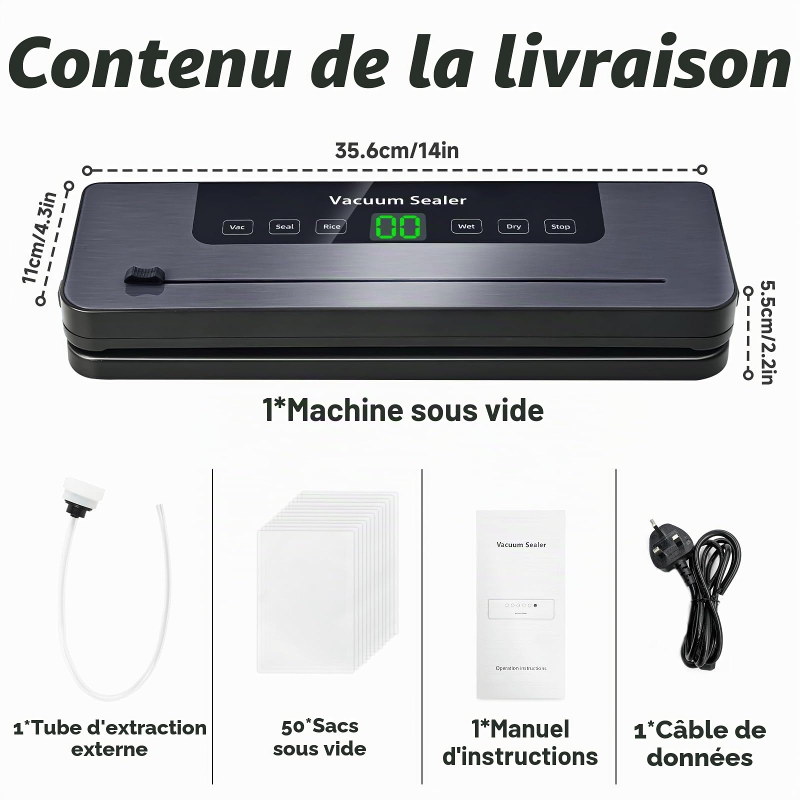 6 en 1 Machine Sous Vide Alimentaire, Machine à emballer sous vide Multifonction avec 50 Sacs Sous Vide, Automatique Secs et Humides Appareil sous vide avec Couteau Coupe, Tuyau D'aspiration D'air