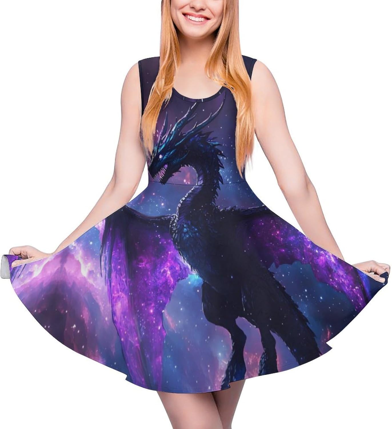 Purple Dragon Fantasy Animals Women's Dresses Round Neck Dress Sleeveless Tank Dress Ruffle Hem Sundress