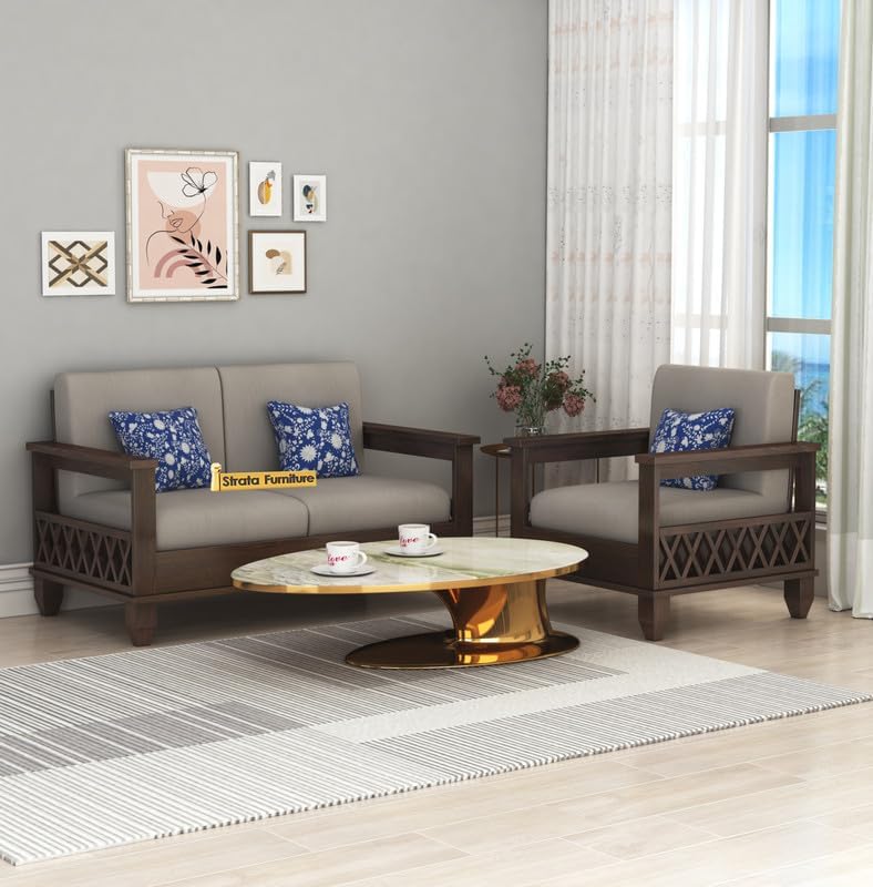 Image of STRATA FURNITURE Sheesham Wood 3 Seater Sofa Set for Living Room | Wooden 2+1 Seater Sofa Set Furniture for Bedroom Hall Home aoffice and Hotels (Walnut Finish)