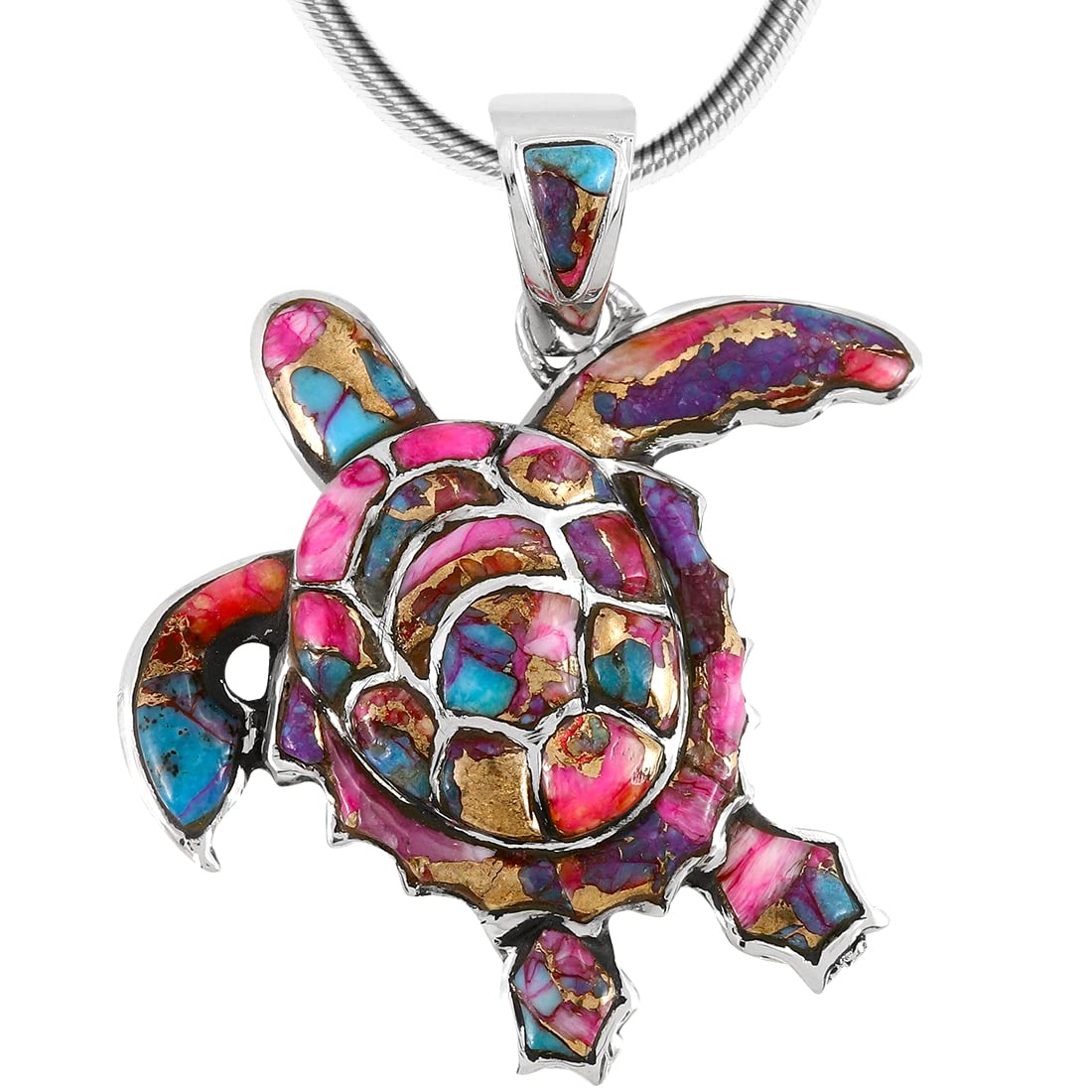 Turquoise Network Turtle Pendant Necklace in Sterling Silver 925 & Genuine Gemstones