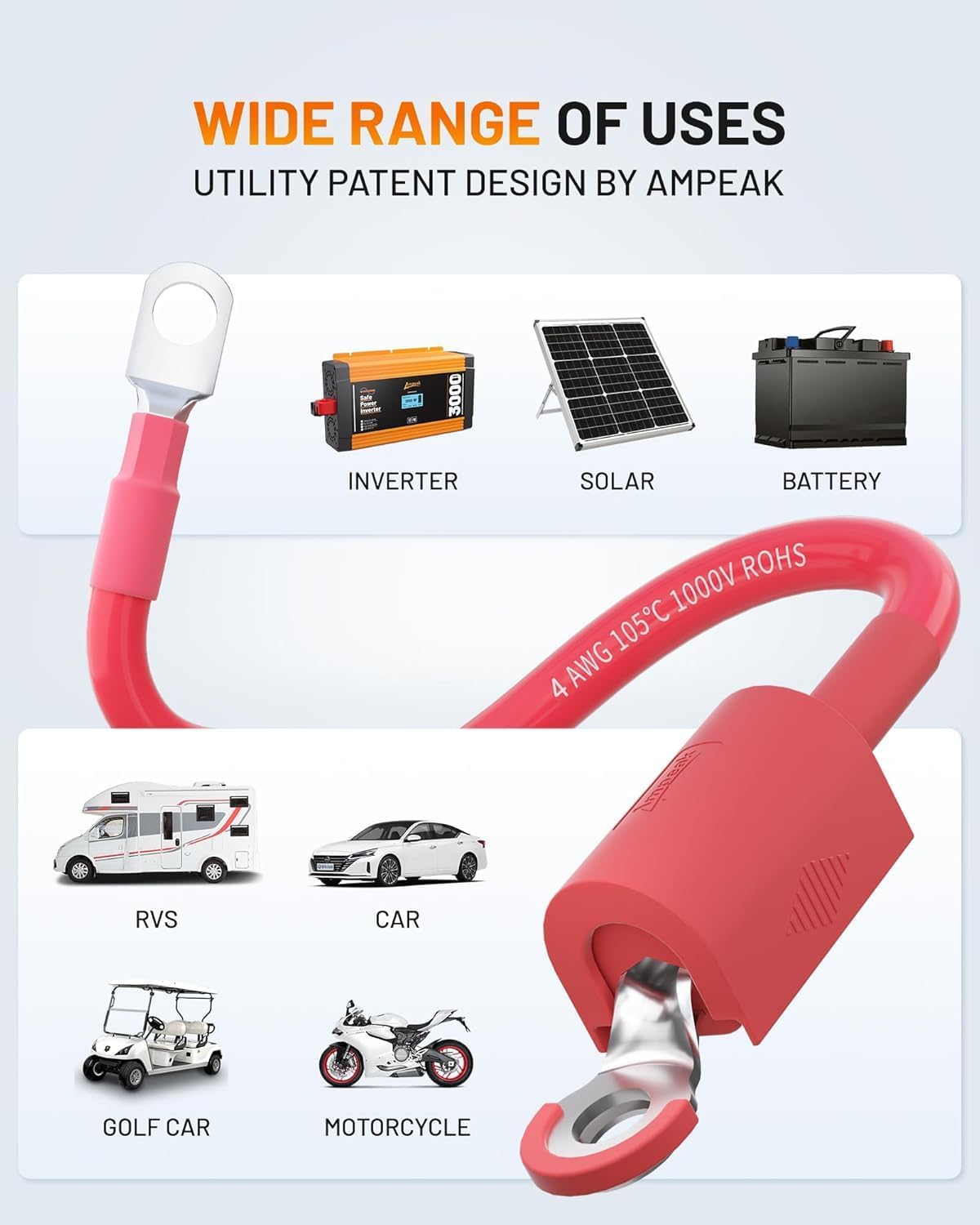 Ampeak 4 AWG Battery Cable 2FT Anti-Spark Battery Wire Waterproof Inverter Pure Copper Cable with Terminal 3/8 Inch Lugs for Truck RV Solar Inverter Marine Golfcart
