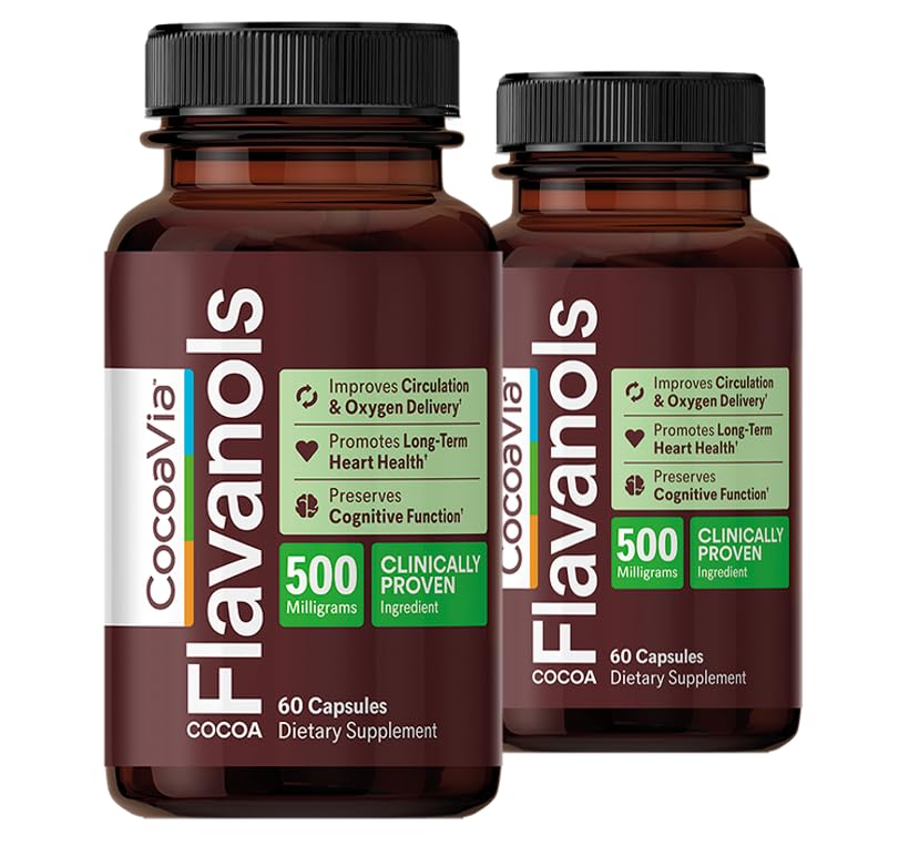 CocoaVia Cardio Health Supplement, 60 Day, 500mg Cocoa Flavanols, Support Heart Health, Boost Nitric Oxide, Blood Circulation, Energy, Vegan, Dark Chocolate, 120 Capsules