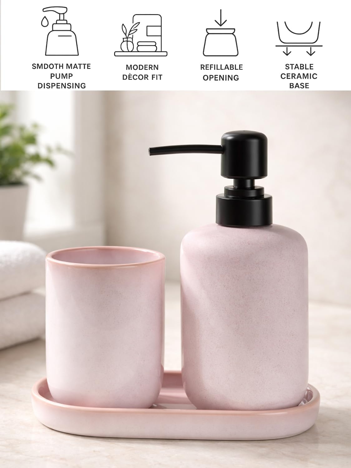 Ceramic Bathroom Accessories Set, Light Pink Glossy Soap Dispenser 15.5oz & Toothbrush Holder 10.6oz with Tray, Modern Countertop Set for Bathroom, Vanity, Kitchen Sink