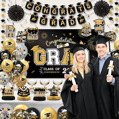 Image of Party Spot！2026 Graduation Party Decorations-Class of 2026 Backdrop,Gold and Black Graduation Party Decoration Set,Congrats Grad Banner,Hanging Swirl & Honeycomb Party Decor for Graduation
