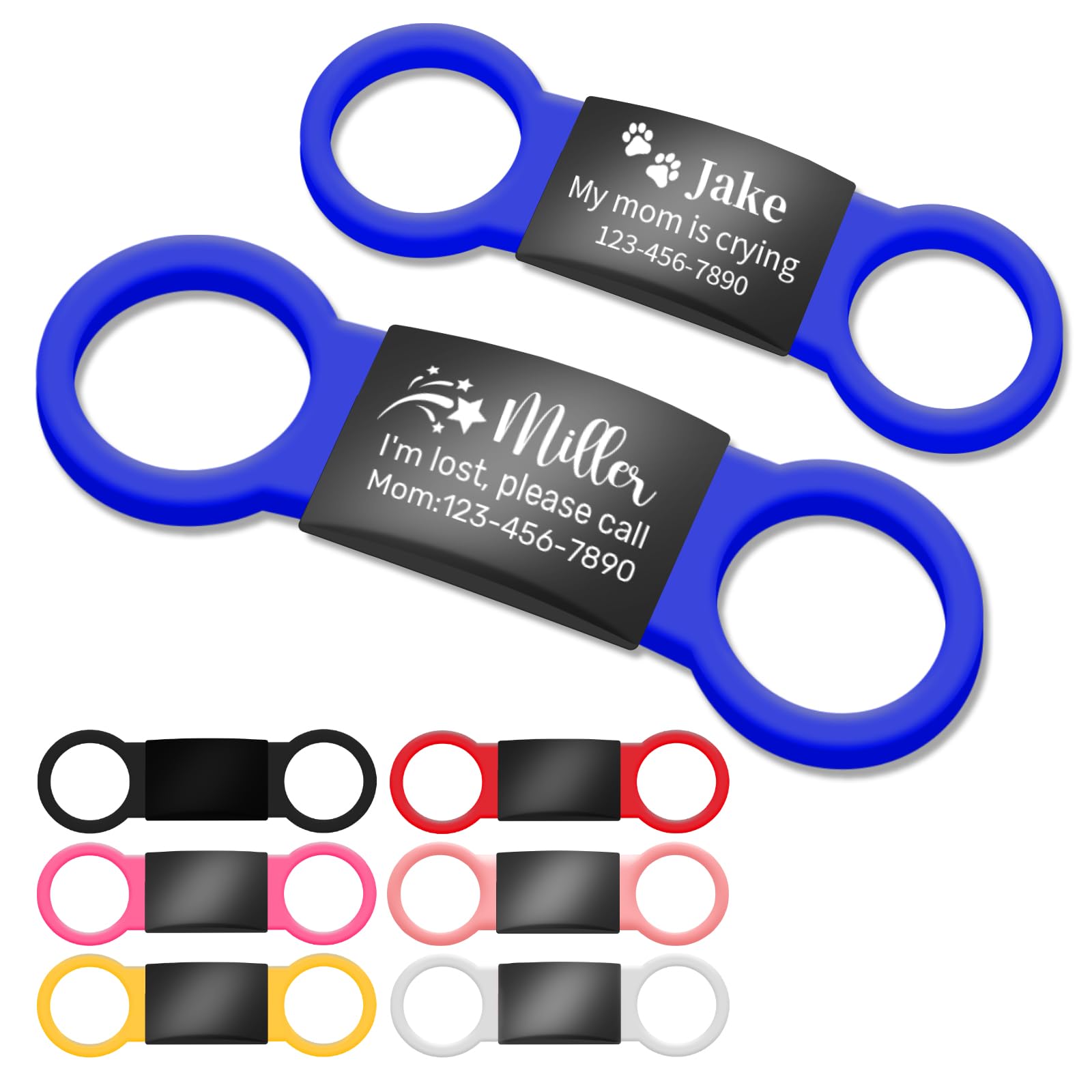 Dog Tags for Pets Engraved UK, Personalised Silent Slide-On Dog ID Tag, Custom Stainless Steel Label with 7 Coloured Elastic Silicone Bands, Pet Name Identity Tags for Collars for Dogs,Cats,Puppy