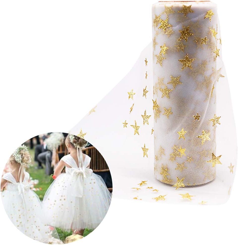 DreamJ 6" x 10 Yards Sparkling Tulle Roll, DIY Craft Wedding Party Gift Bow Craft Sequin Fabric Spool Tutu Party Banquet Decor Gift Wrap (White-Star Gold)