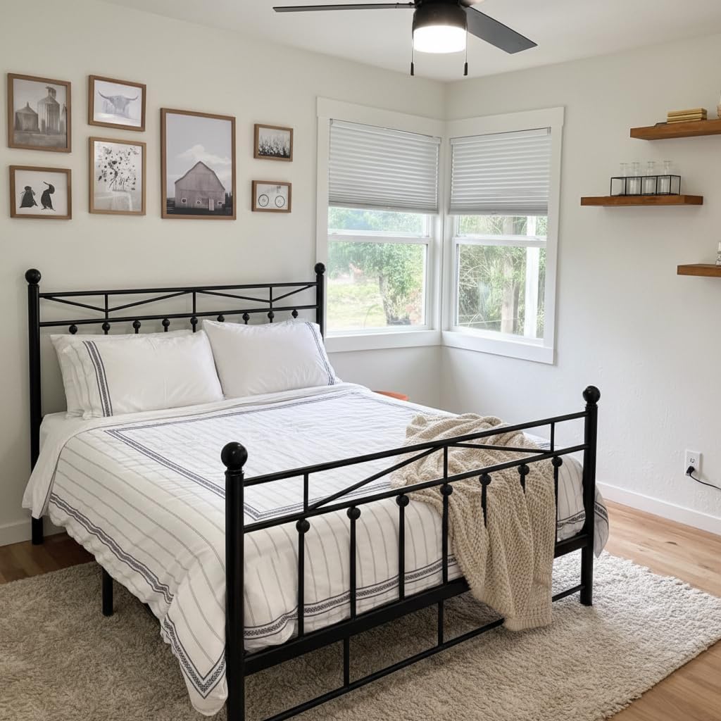 EnHomee Queen Size Metal Platform Bed Frame, 54" Tall Headboard and LED Lights, Victorian Vintage Headboard and Footboard, Under Bed Storage, Heavy Duty Metal Slats & Noise Free, Black - Image 9