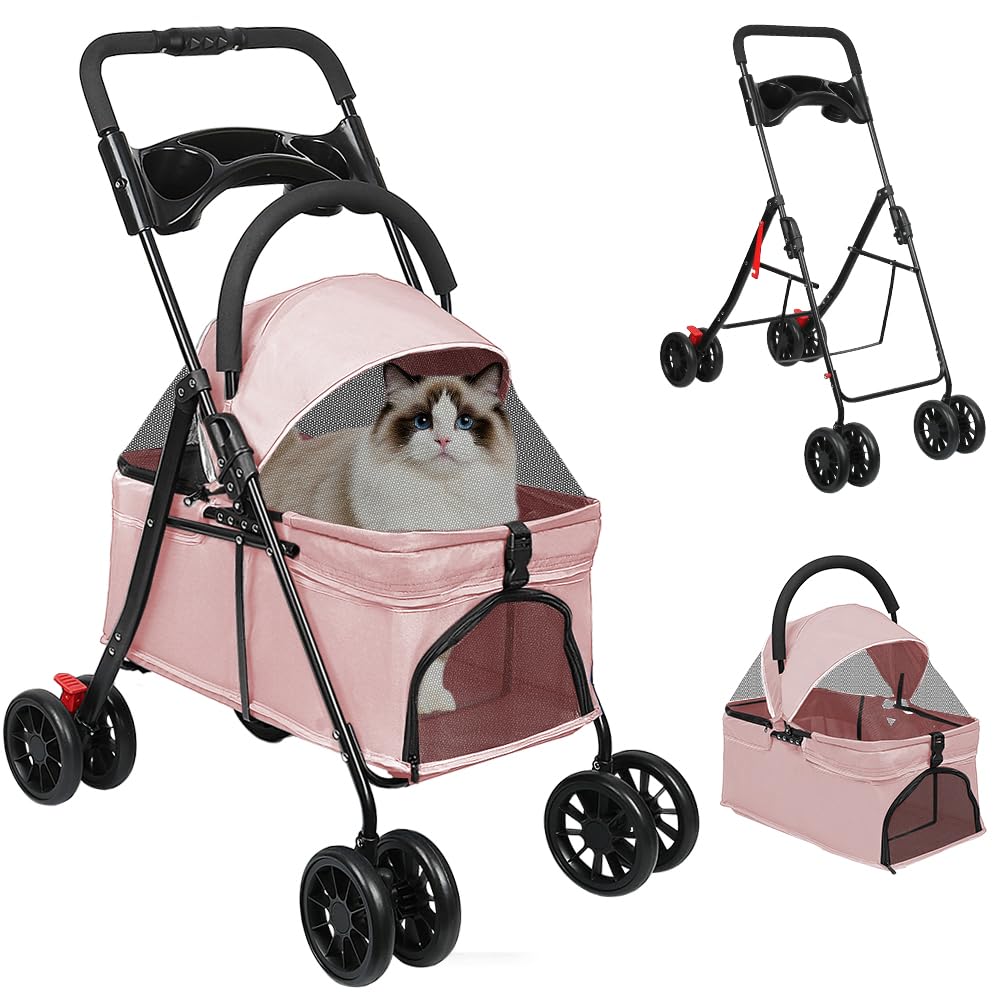OHMG Wózek dziecięcy 3 w 1, składany wózek dla kota, kosz do przechowywania, okno z siatki, dla małych psów i kotów, do 25 kg, 4 szt. kółek, odporny na zużycie 360°