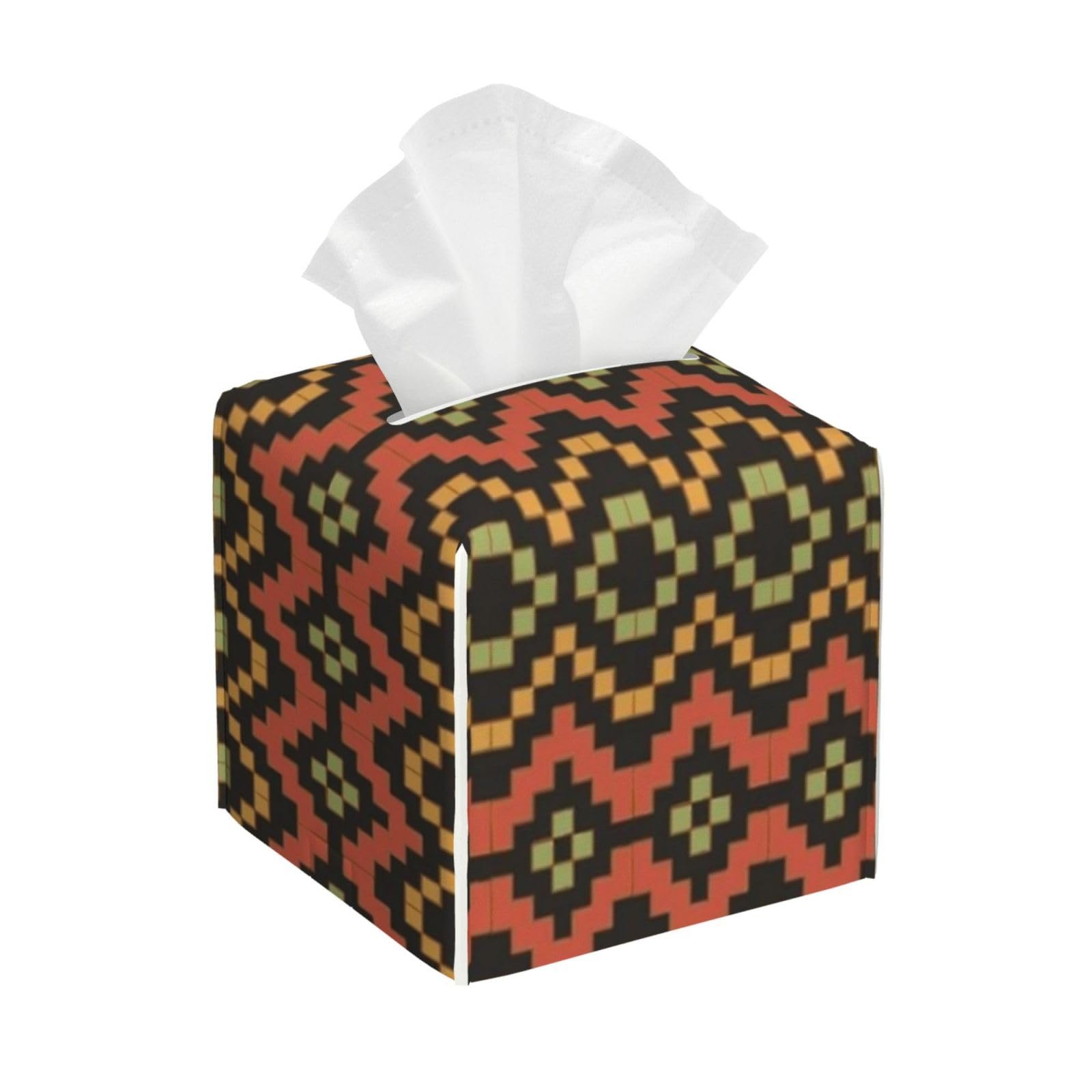 Egyptian Pattern Tissue Box Cover 5" Square Leather Tissue Holder Facial Tissue Case for Tabletop Bedroom Bathroom Desk Decor