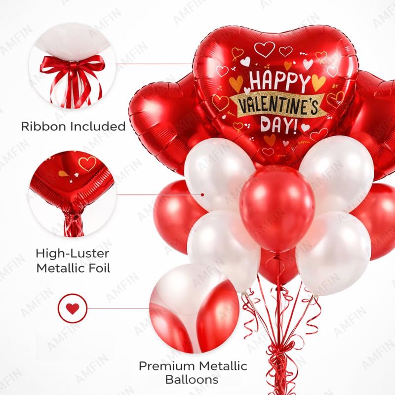 Image of AMFIN (Pack of 9) Happy Valentine's Day Balloon Decoration Set | Romantic Heart Foil Bouquet Metallic Helium Bunch Proposal Anniversary Celebration Party Decor - Red
