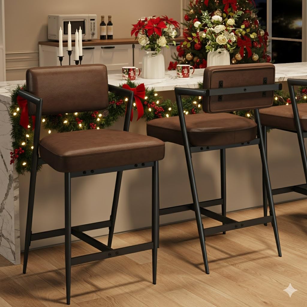 Garvee Bar Stools Set of 2, Tall Bar Chairs with Thick Cushion & Thickened Metal Legs, Upholstered Counter Height Bar Stools w/Backrest and Footrest, for Island, Counter Bar, Kitchen, Retro Brown