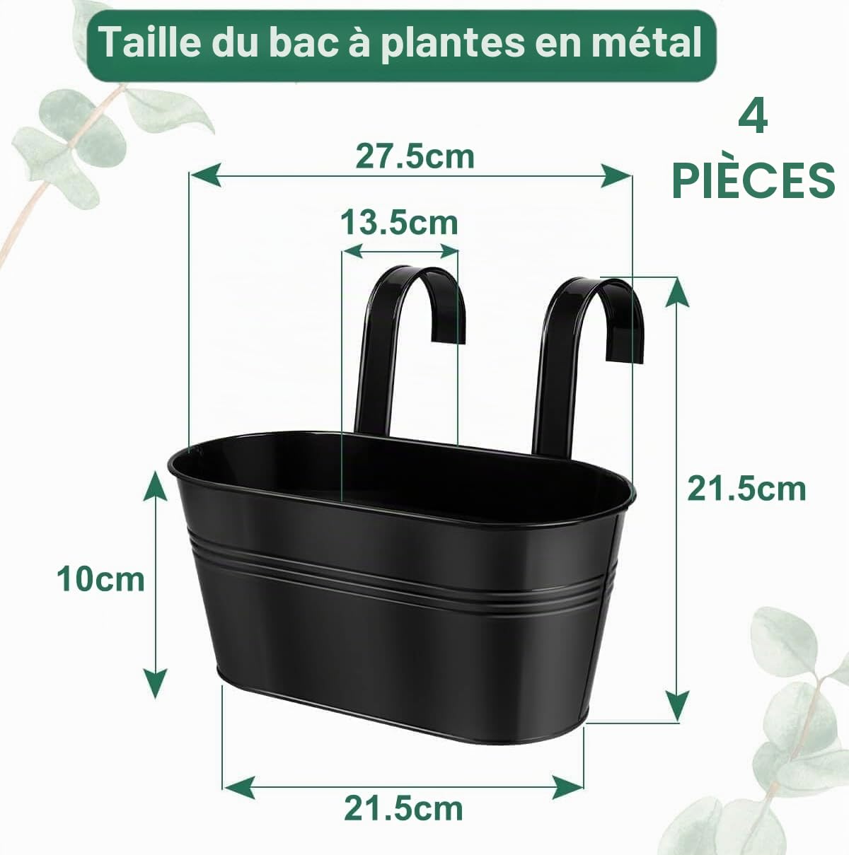 LATERN 4 Pièces Pots de Fleurs Suspendus en Métal, 27.5CM Grands Pots de Plantes Seau à Fleurs Suspendu avec Crochet Amovible pour Balcon Clôture Jardin Maison Décor (Noir)