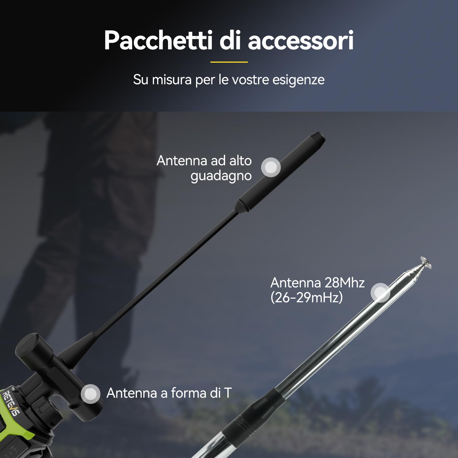 Retevis A3 Radio Bidirezionale, Radio Amatoriale Quad-Band, Modalità AM/SSB/FM/AIR, Doppio Canale, 2500mAh, Walkie Talkie con Potenza Regolabile per Caccia, Viaggiatore (1 Pezzo)