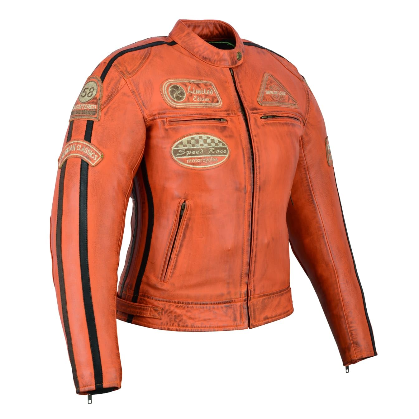 Veste de Moto En Cuir Pour Femme- Blouson Avec Protection Douce Cuir Et Vent Armure Corps été Hiver Tourisme Motard Blinde Orange