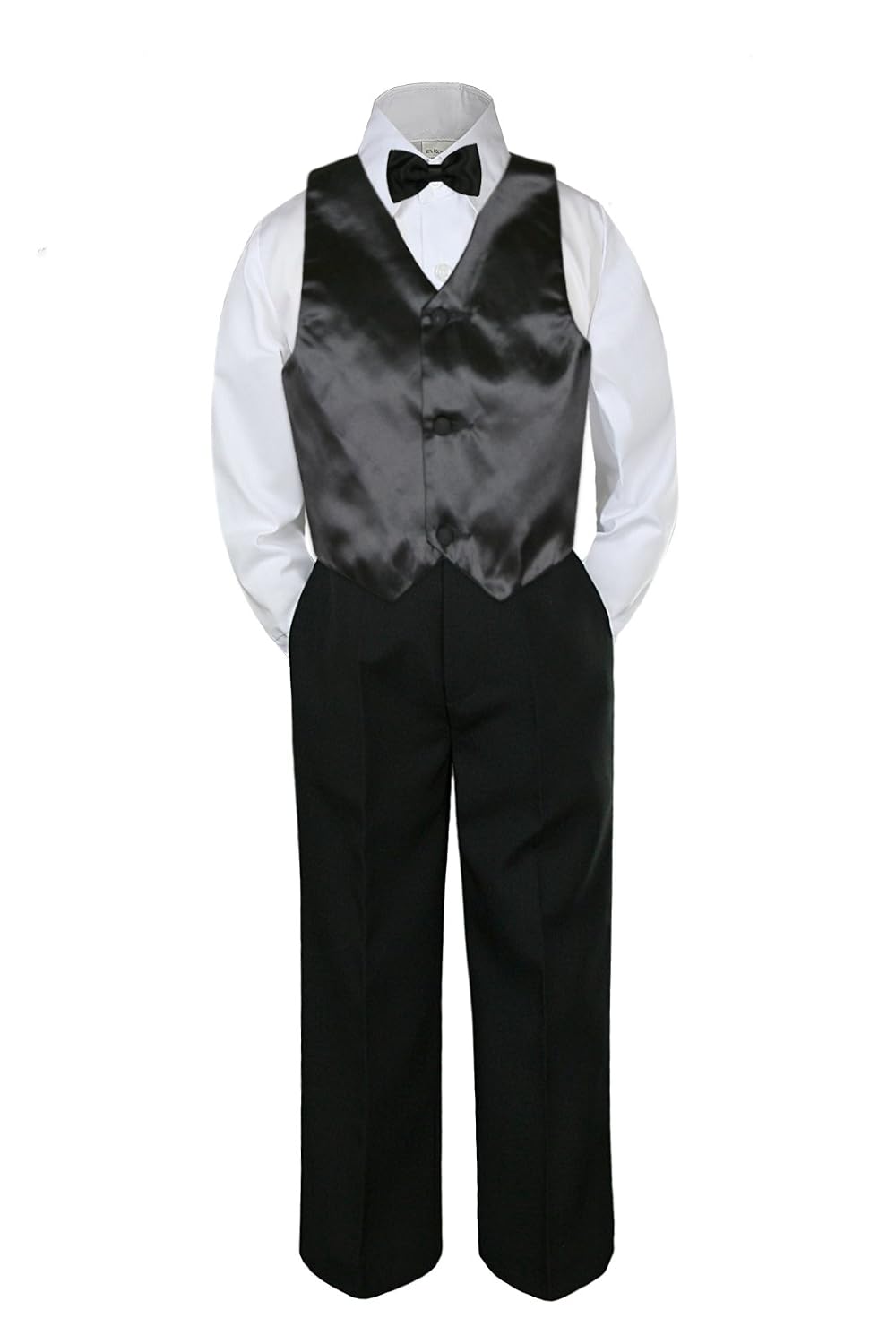 4 Piece Formal Boy Black Bow Tie Vest Set Suit 0 Month to 7 Years (5)