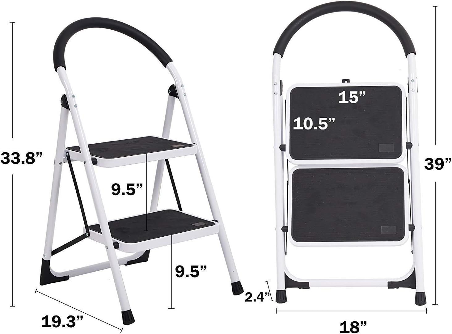 Generic 2 Step Ladder Folding Step Stool with Soft Grip Handle and Anti-Slip Wide Pedal, 330 lbs Capacity, Black+white