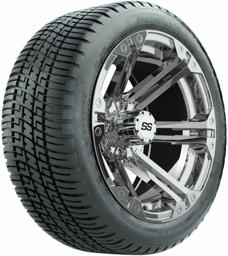 GTW 14 Inch Golf Cart Wheels and Tires Combo | Chrome Specter Wheels on 205/30-14 (19") Fusion Low Profile Street Tires | Set of 4