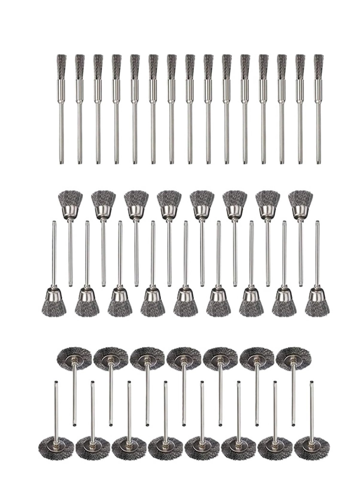 Szczotki metalowe, tarcze miseczkowe, Zestaw szczotek drucianych stalowych 10-45 szt. Ścierne koło garnkowe z chwytem 2,35/3 mm do polerowania wiertłem(45PCS-Silver)