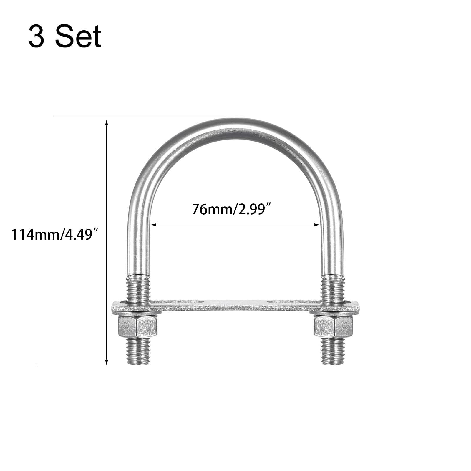 TOP-VIGOR 3 sets M12 Round U-Bolts, 76mm Inner Width 114mm Length 304 Stainless Steel U-Bolts with Nut - Image 2