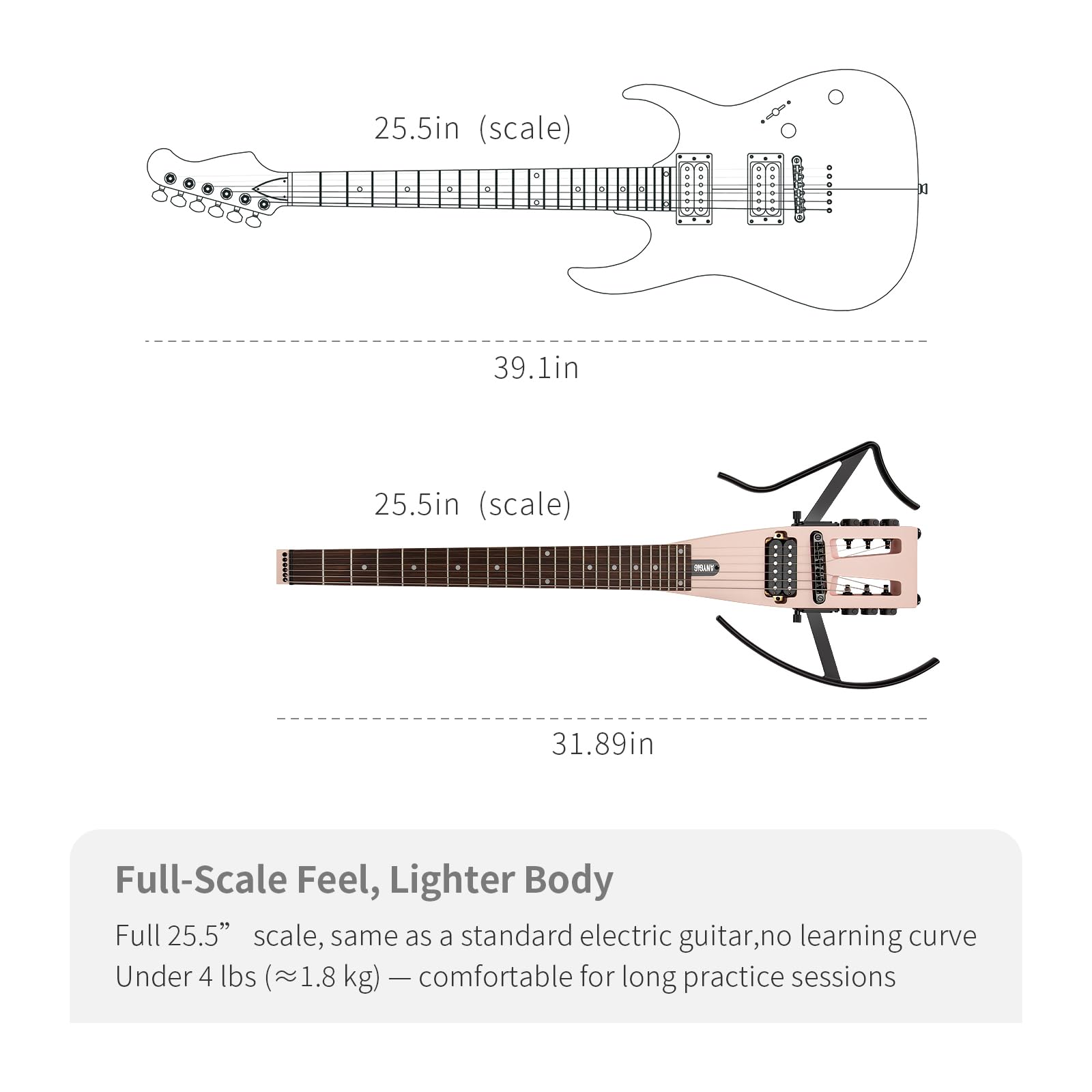 Reise E Gitarre – Volle Größe, ultraleicht (wiegt nur 1,8 kg), 100% Ahorn, digitales Stimmgerät, Gitarrentasche, Ständer, geeignet für Linkshänder und Rechtshänder, Muschelrosa