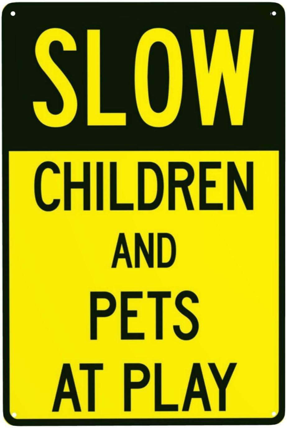 Slow Kids Pets Playing Sign, Vintage Street Safety Traffic Reminder Metal Tin Sign 12x8 Inch