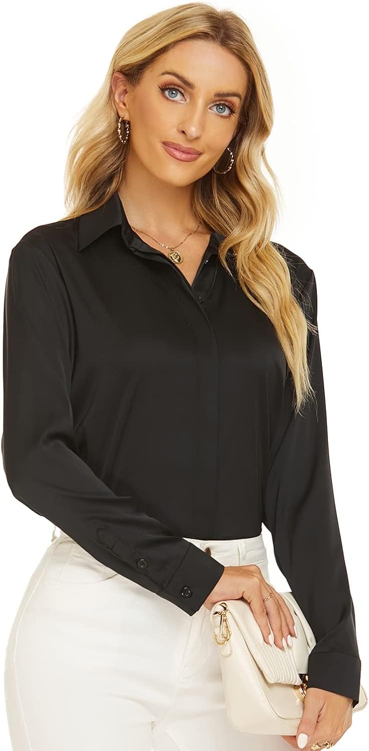 Escalier Women's Silk Blouse Long Sleeve Satin Button Down Shirt Casual Work Office Silky Blouse Top at  Women’s Clothing store