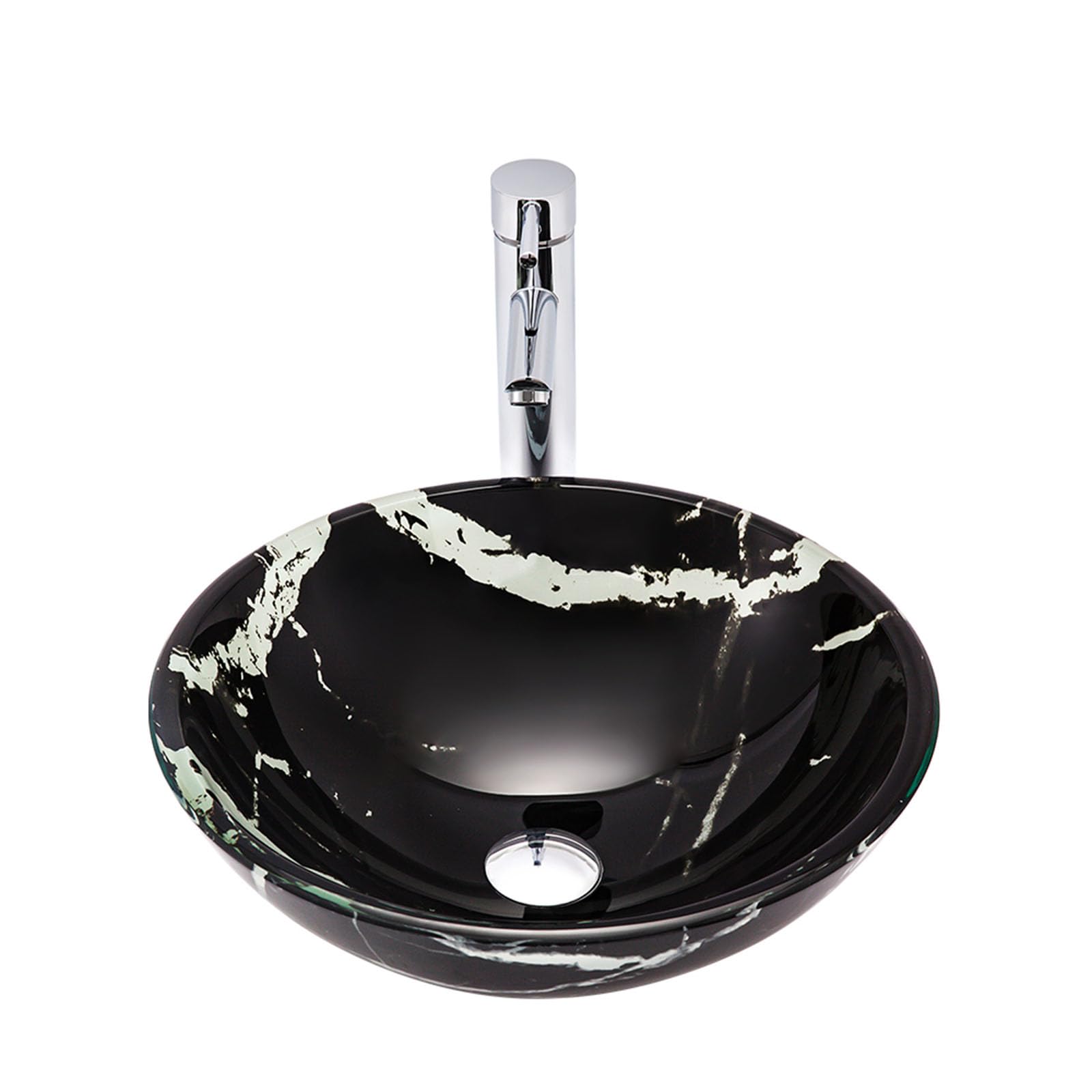 Aioneer Bathroom Vessel Sink 16 Inch, Round Glass Sink Bowl, Above Counter Bathroom Sink With Waterfall Faucet And Drain Combo-Black-1