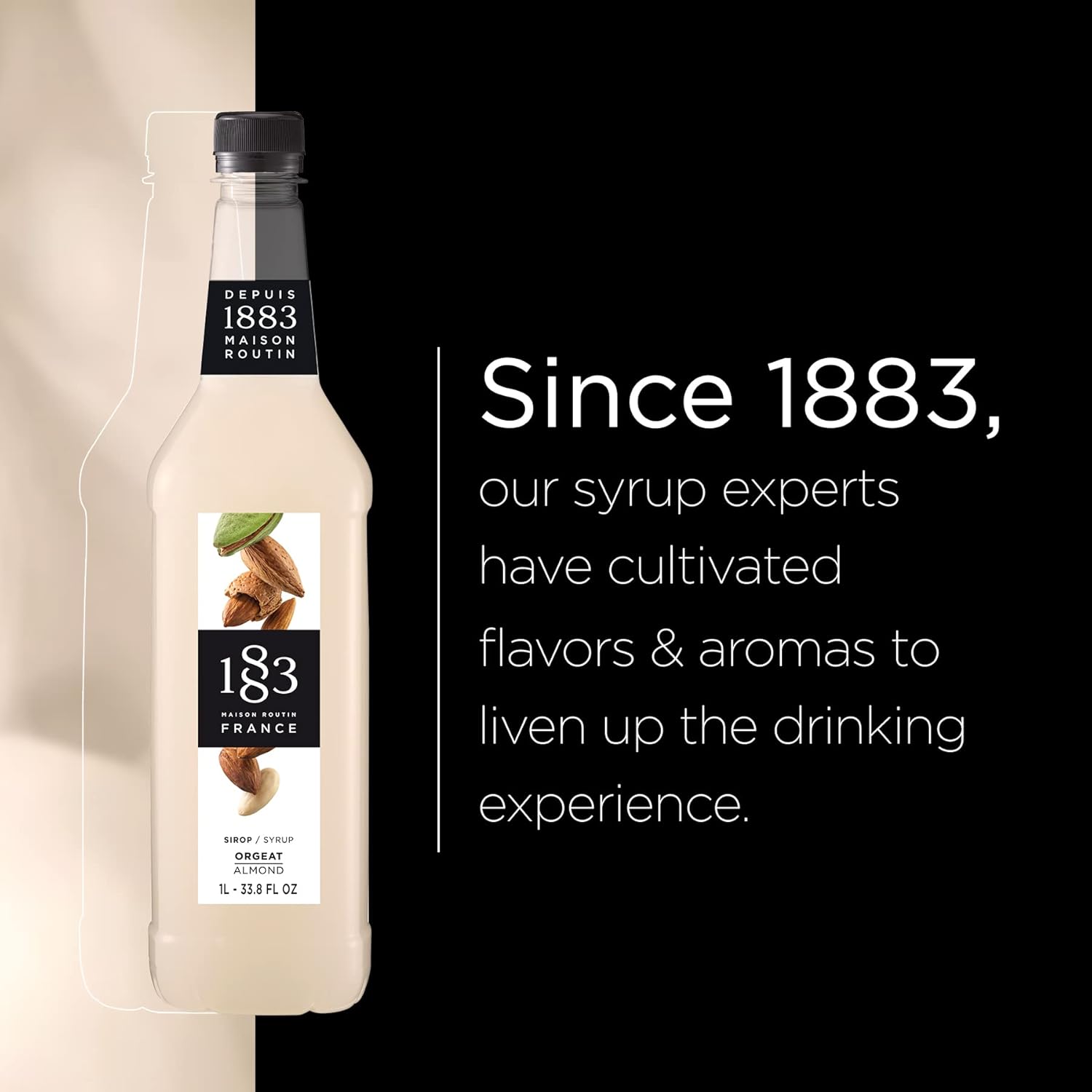 1883 Almond Syrup for Drinks, Made in France, 1 Liter Plastic Bottle