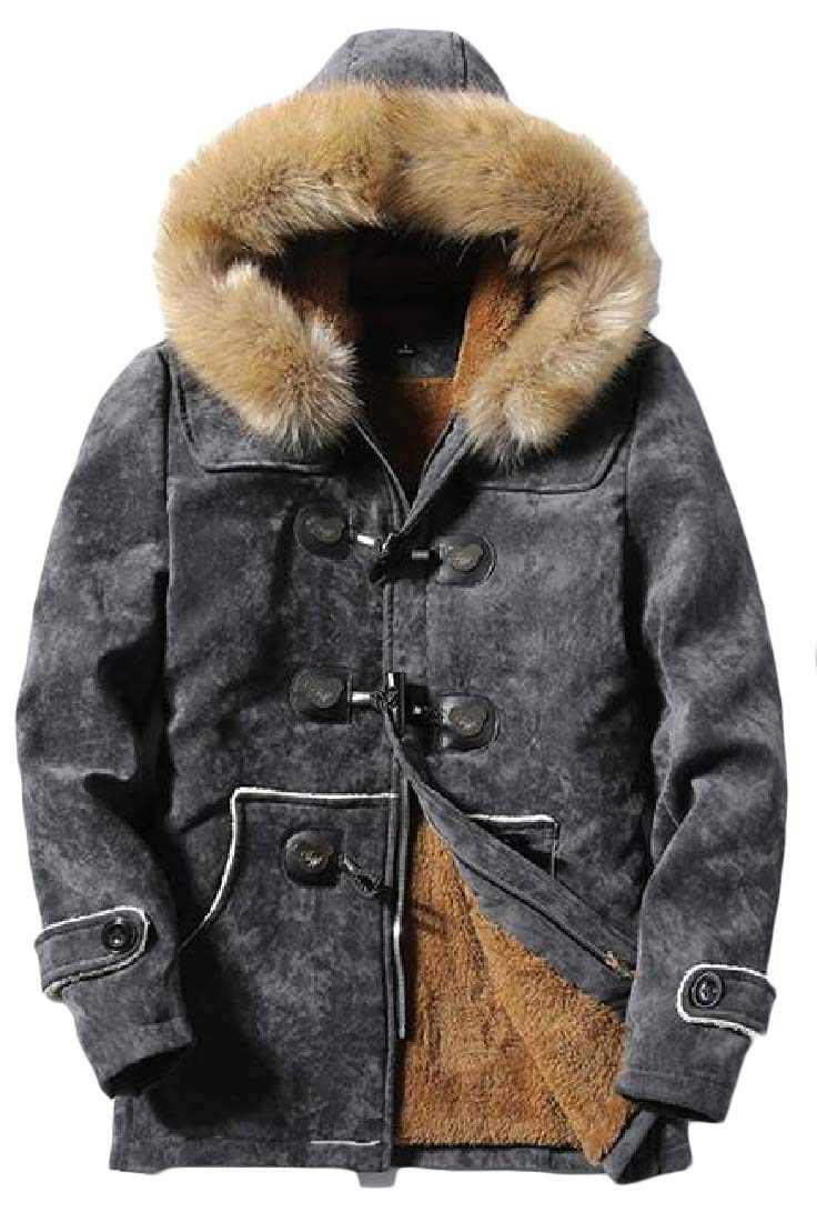 KLJR MenFaux-Fur-Hood Fall & Winter Overcoat Pu Leather Horn Button Fleece-Lined Quilted Jacket Coat Outerwear Grey M