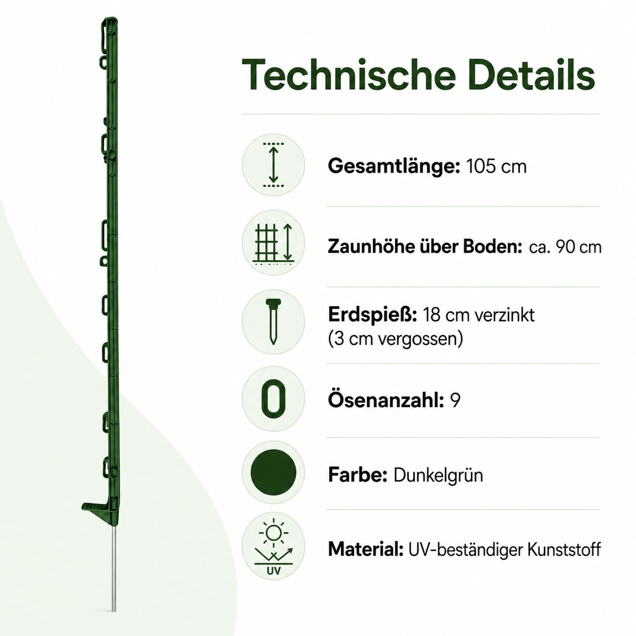 20x Weidezaunpfähle 105 cm – dunkelgrün, mit 9 Ösen, einseitiger Trittstufe und verzinktem Erdspieß