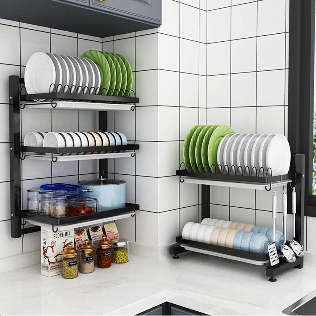 Schwarzer Geschirrtrockner aus rostfreiem Edelstahl mit 3 Ablagen, Besteckhalter, 3 Haken und Abtropfschale zum Abtropfen von Tellern, Schüsseln, Obst und Gewürzen. Robuste Wandmontage.