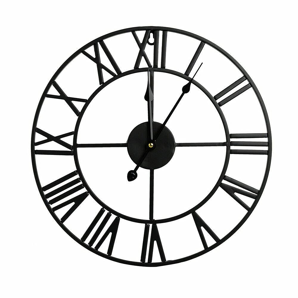 Large Wall Clock Roman Numerals Metal Indoor Big Round Open Face for Living Room Kitchen Bar Office Black 60cm