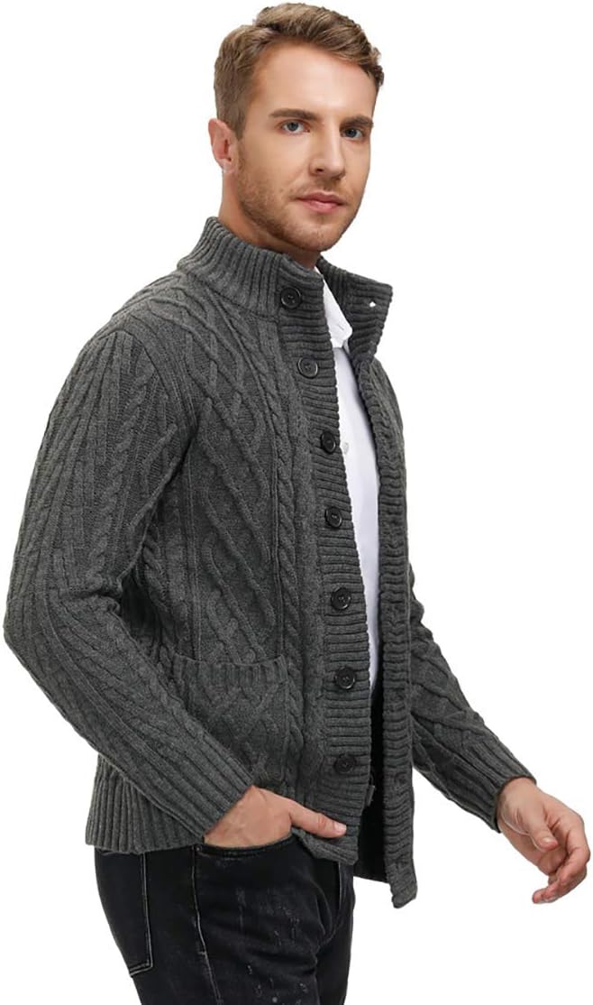 Mens Cable Knit Cardigan Stand Collar Button Down Sweater with Pockets Grey L