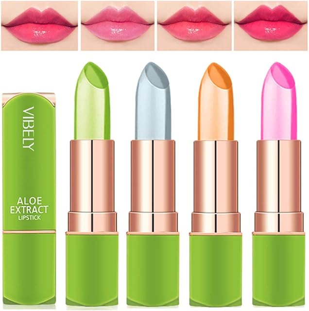 4 Colours Organic Aloe Vera Moisturizing Crystal Jelly Lipsticks, Dulele Magic Temperature Colour Changing Long Lasting Lip Balm Set (EEE)