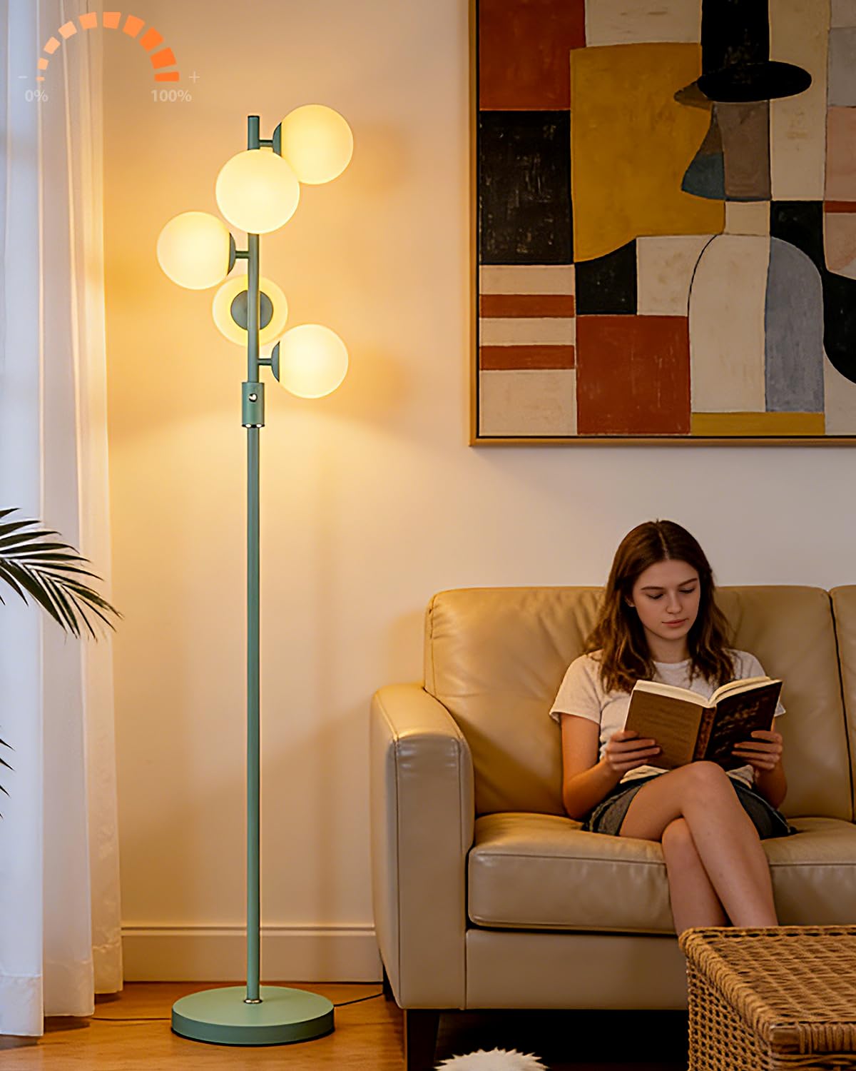 Lightdot Dimmable Globe Floor Lamp Mid Century Modern Floor Lamp with 5Pcs 3000K G9 Bulbs Stepless Brightness Adjustable Green Standing Lamps with 5Lbs Heavy Base for Living Room Bedroom Office